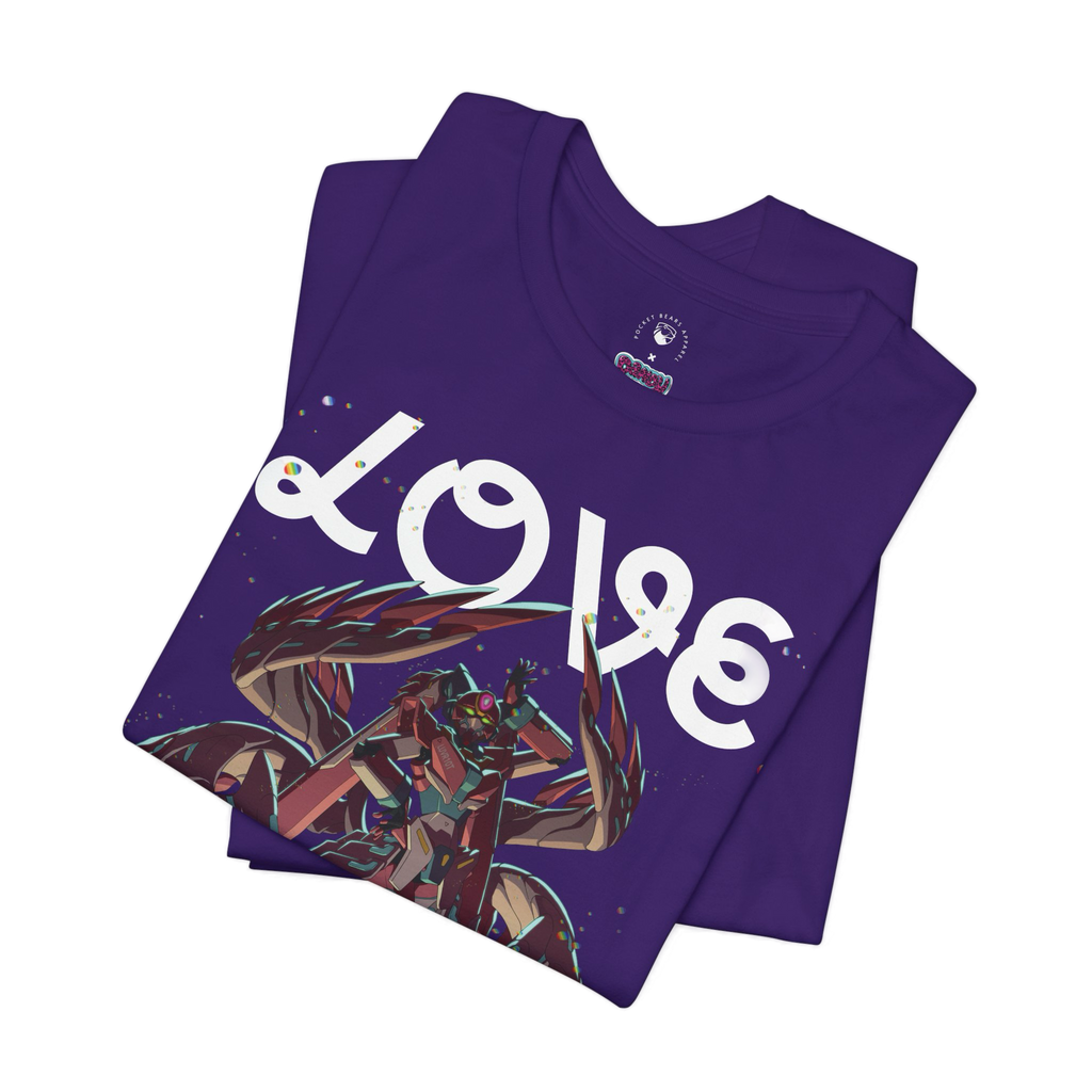 Purple t-shirt with 'LOVE' and robo design.