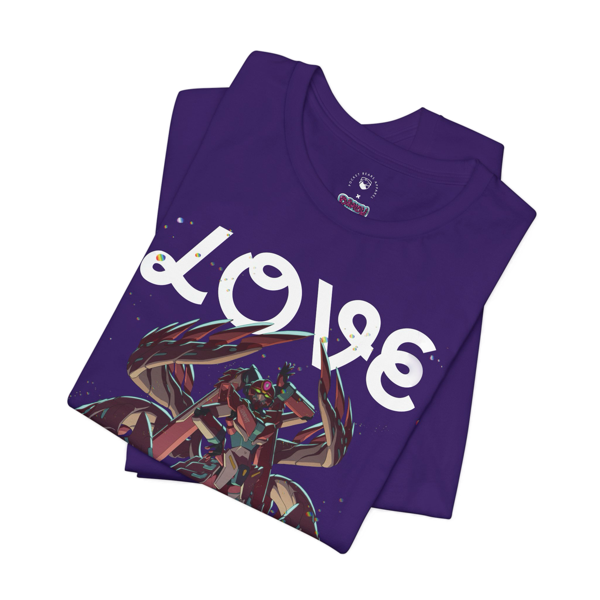 Purple t-shirt with 'LOVE' and robo design.