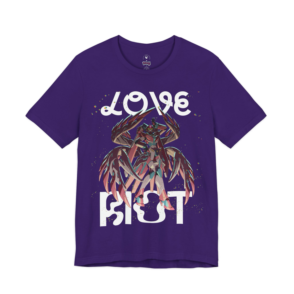 Purple t-shirt with a colourful robo design and 'LOVE RIOT' text.