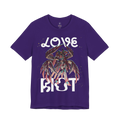 Purple t-shirt with a colourful robo design and 'LOVE RIOT' text.