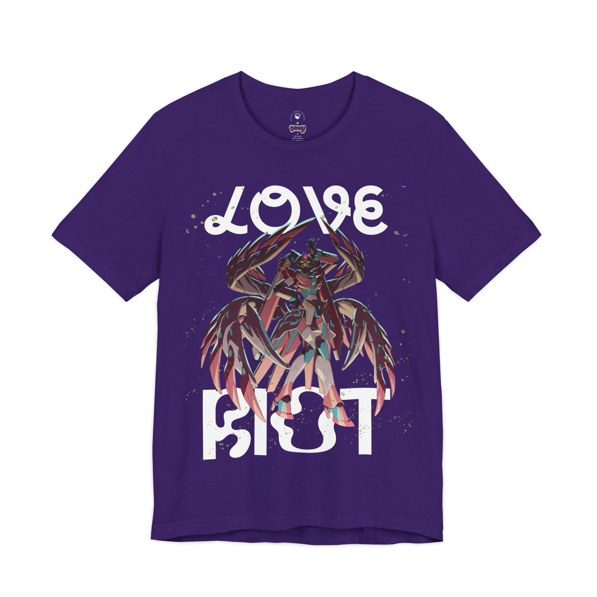 Purple t-shirt with a colourful robo design and 'LOVE RIOT' text.