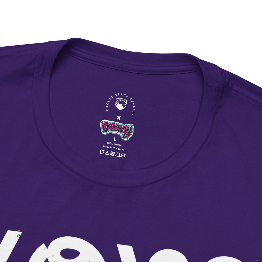 Purple t-shirt with Pocket Bears Apparel and Dandy brand logos on the collar area.