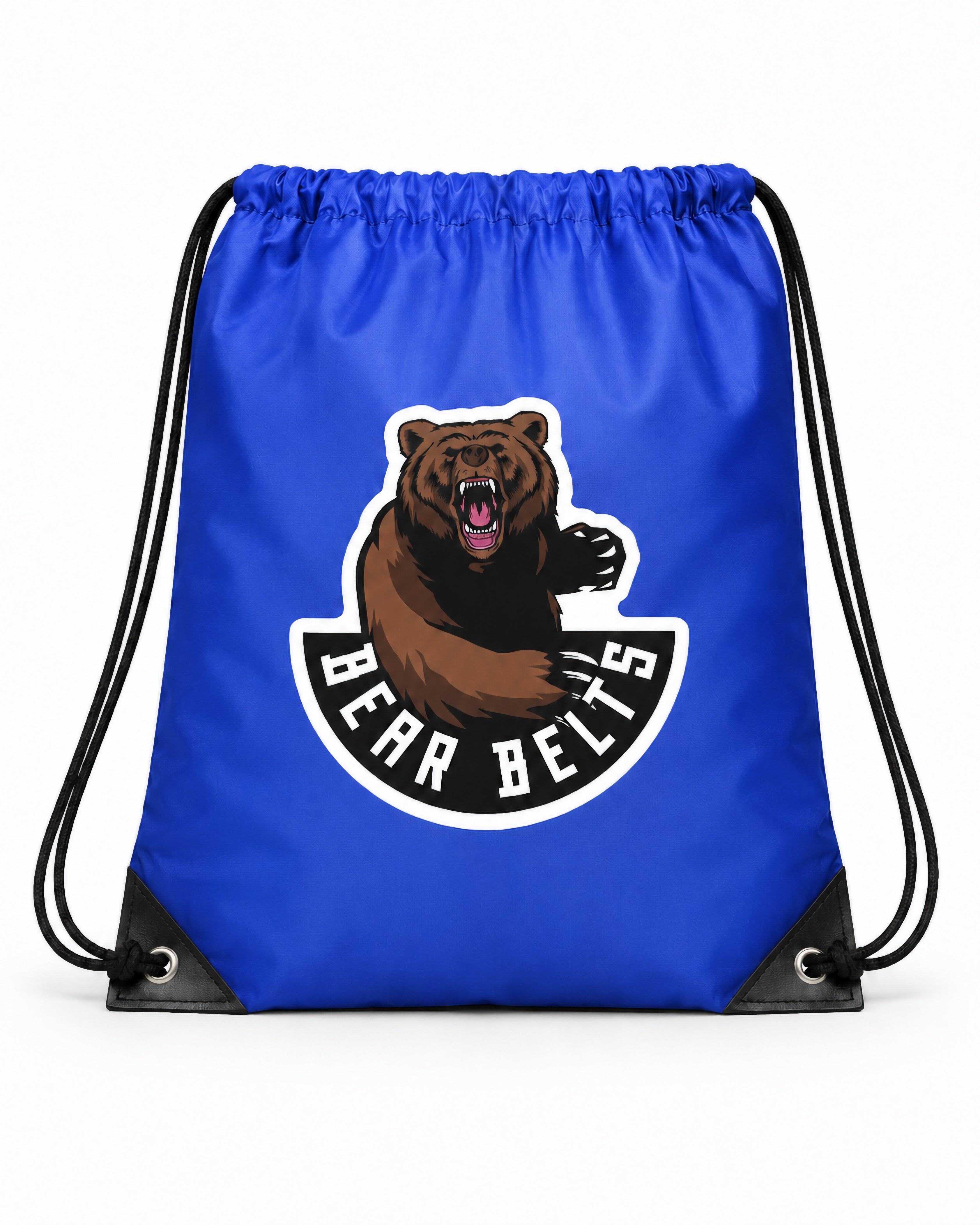 Blue drawstring bag with Bear Belts bear mascot graphic and 'Bear Belts' text on a white background.