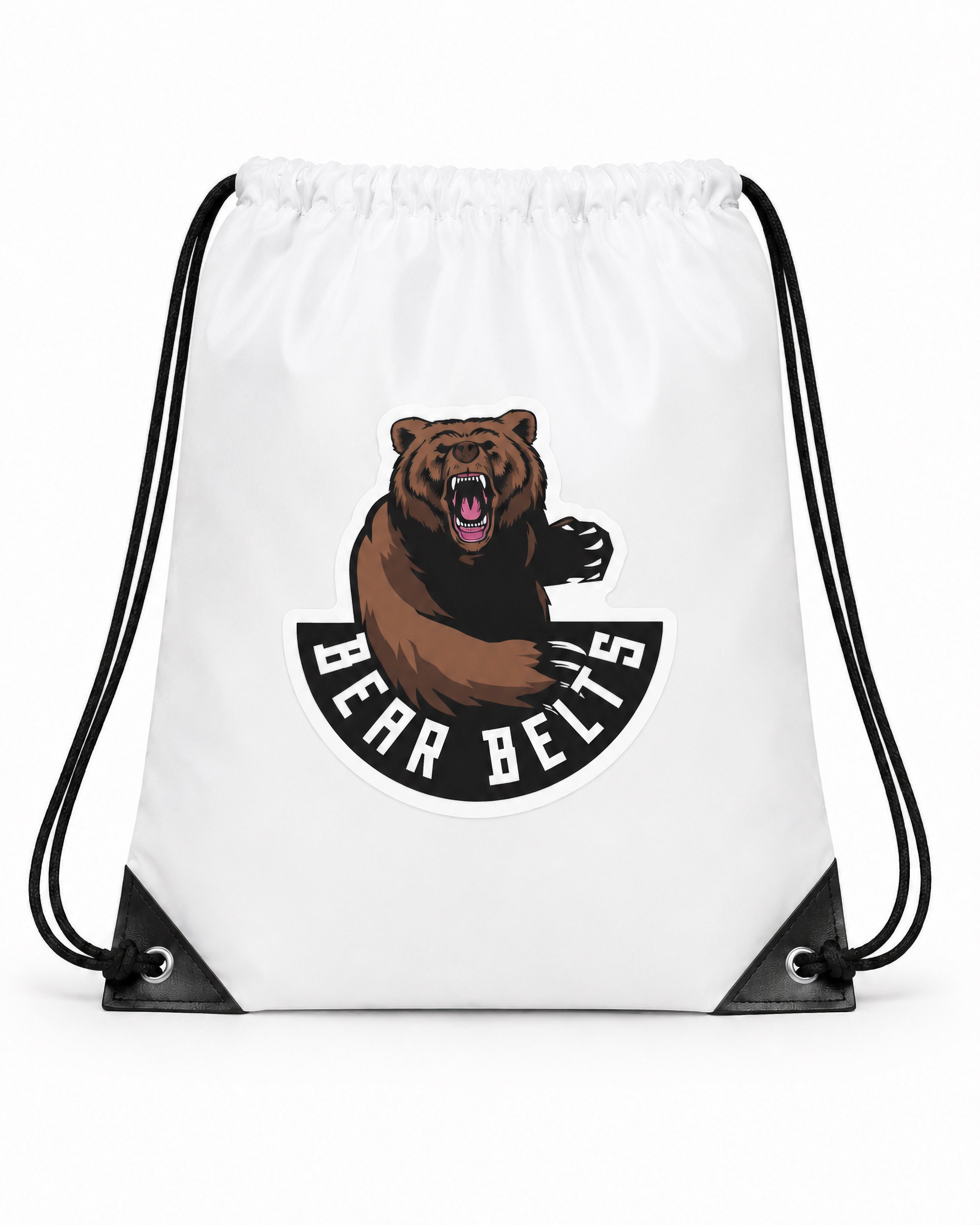 White drawstring bag with Bear Belts bear mascot graphic and 'Bear Belts' text on a white background.