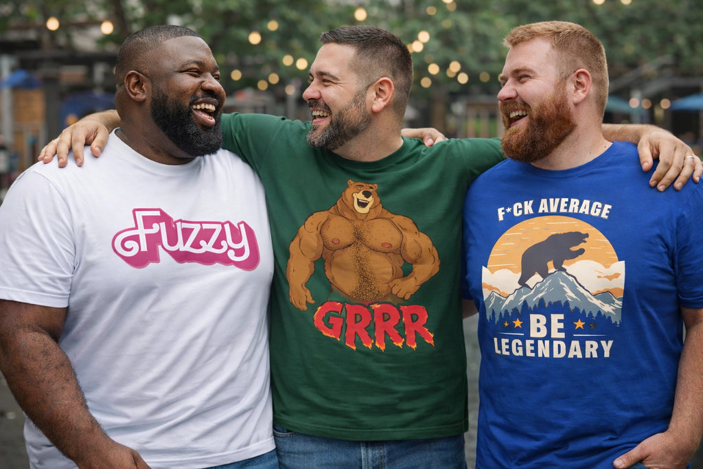 Three men wearing Pocket Bears Apparel t-shirts with humorous and graphic designs, standing together outdoors.