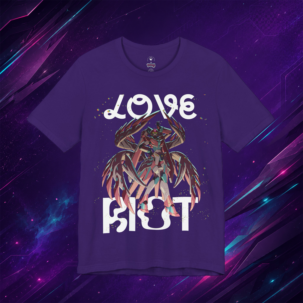 Purple t-shirt with a graphic design and text on a vibrant, abstract background.