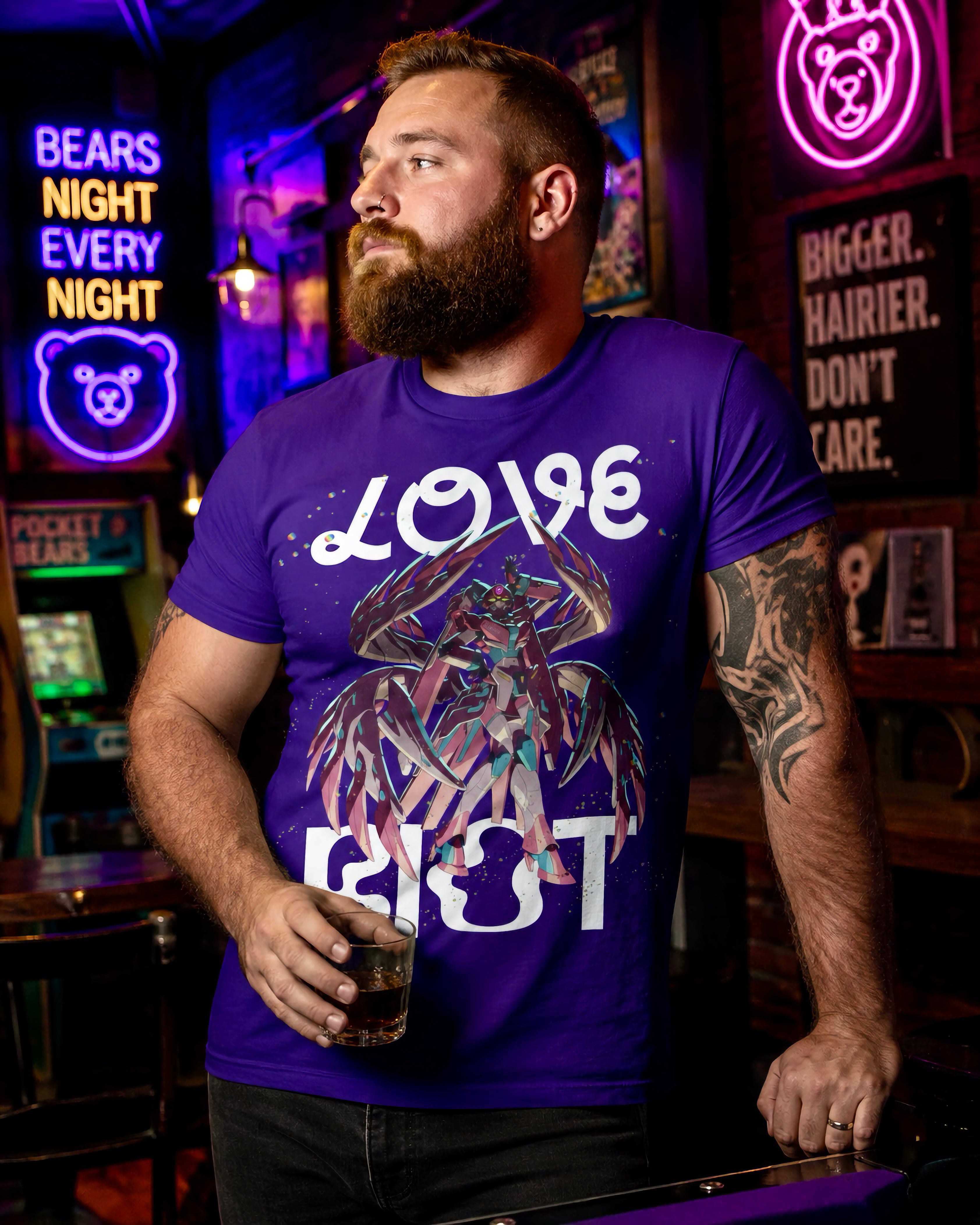 Man wearing a purple t-shirt with a graphic design in a bar setting.
