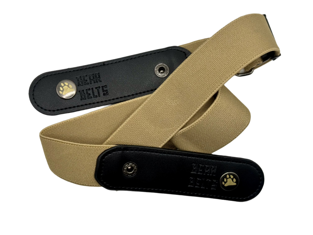Beige Bear Belts belt with black leather ends on a white background.