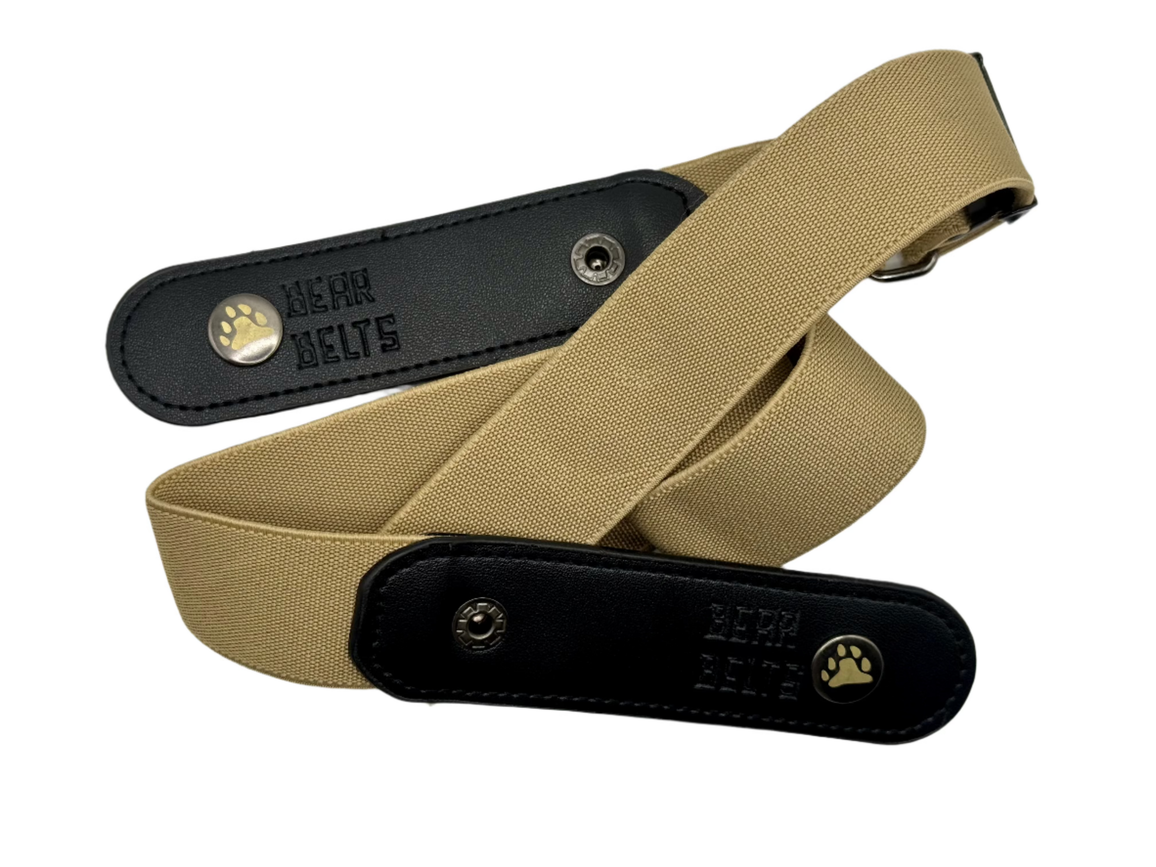 Beige Bear Belts belt with black leather ends on a white background.